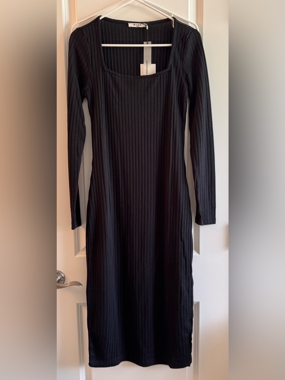 Square Neck Long Sleeve Ribbed Midi Dress - Black